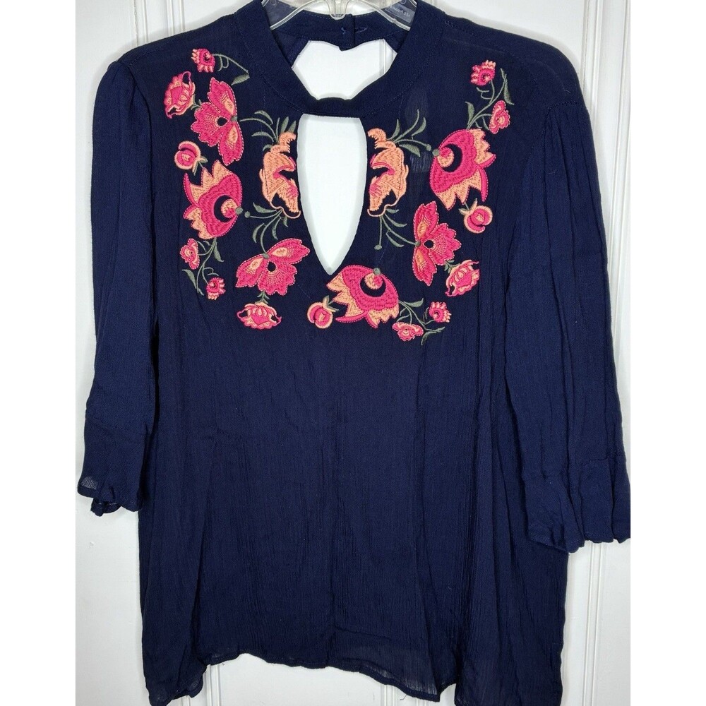 Blue Rain Blouse Womens Large Navy Blue Floral Embroidered Keyhole Boho Top